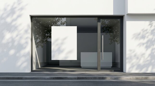 Minimalist white storefront with a blank poster display in the window.