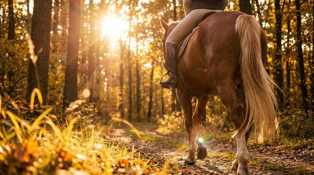 Equestrian sport enthusiast riding a horse through a beautiful nature trail in the sunlight.