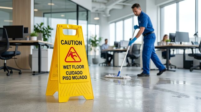 Professional cleaner in blue uniform using a mop with a yellow wet floor sign.