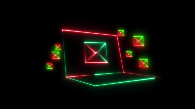 Neon laptop with neon lights in the back. Green screen leptop standing on table 4K video animation and black background.