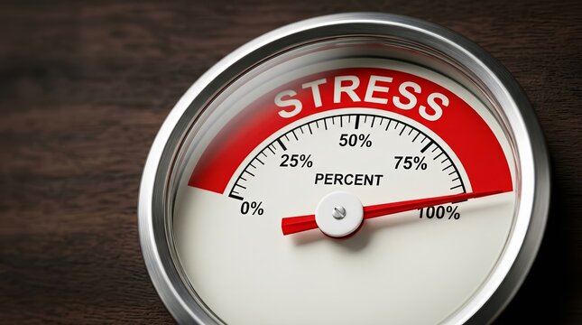 Close up of a stress meter gauge with the needle pointing to the maximum level.