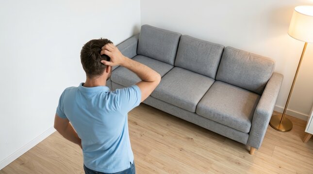 A man looking at a grey sofa stuck in a tight corner due to poor space planning.