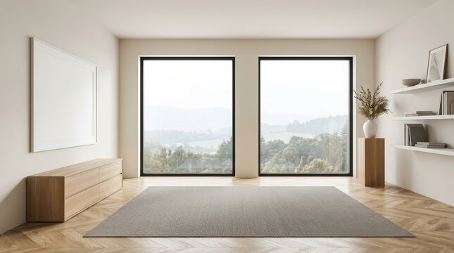 Modern exhibition space featuring a large panoramic window and a wooden drawer unit.
