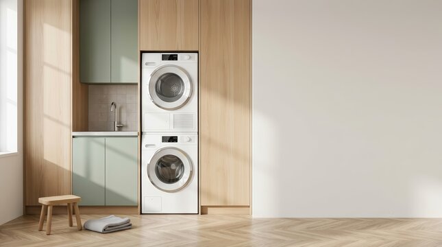 Minimalist laundry room design with stacked washing machines and sage green cabinets.