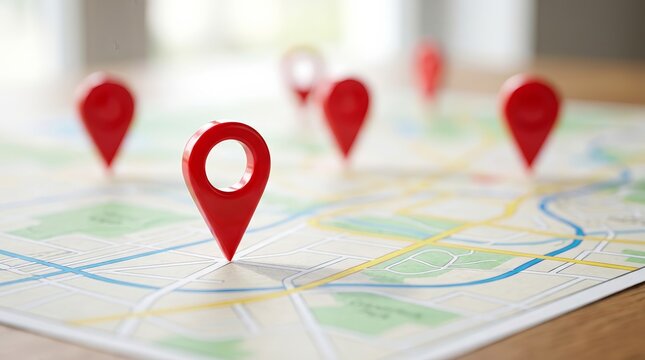 Close up of a road map with multiple red navigation pins and icons.