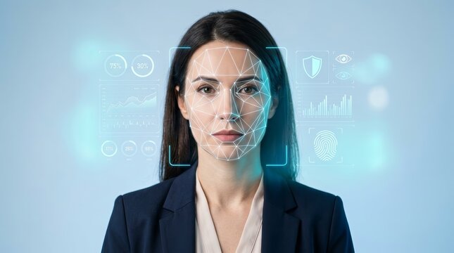 A businesswoman facing digital hologram technology featuring biometric scanning and data statistics