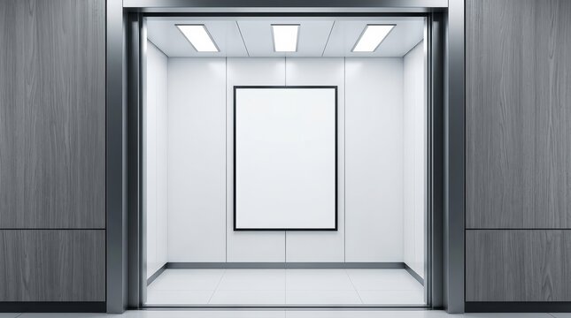 Empty elevator interior featuring a vertical advertising poster frame.