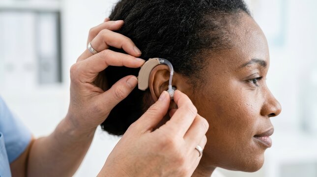 Audiologist fitting a beige hearing aid device for a person with hearing loss