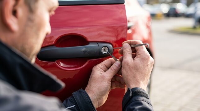 Close up of a person opening a car door with a lockpicking tool.
