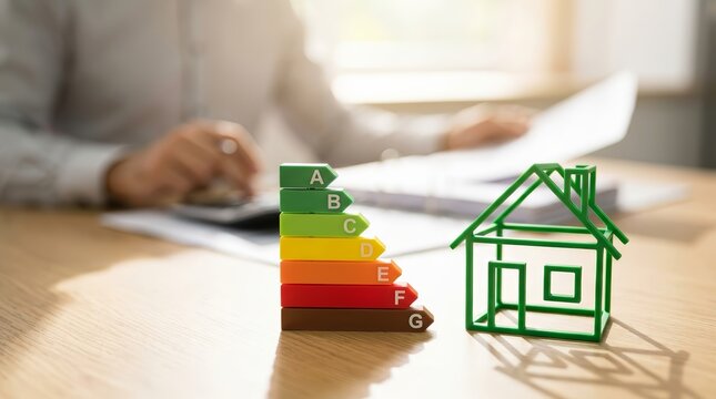 A green house outline and energy rating scale for an energy efficient building audit.
