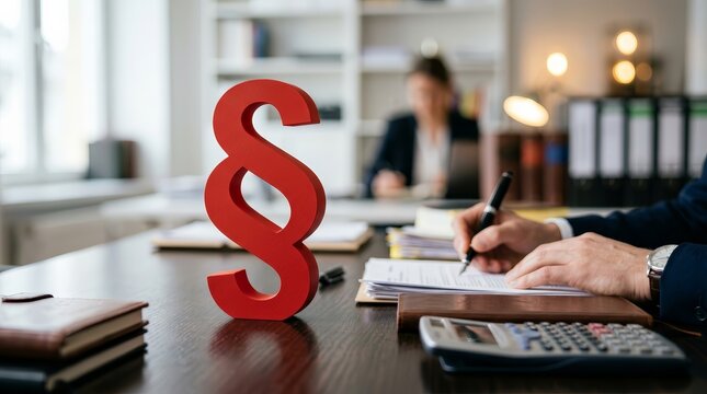 Red section sign symbol placed on paperwork with a person writing in the blurred background.