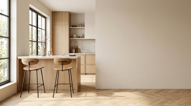 Minimalist kitchen area featuring a cooking space, bar island, and window.
