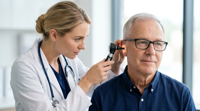 A female doctor uses a professional otoscope for an ear examination during a medical checkup.