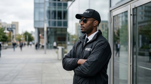 Serious male security guard wearing a black uniform and sunglasses.