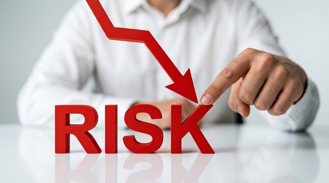 A red arrow pointing down towards the word RISK representing financial loss.