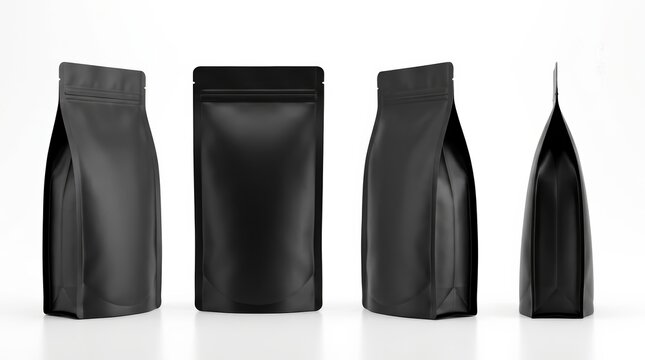 Four black coffee or tea bag packaging mockups on a white background.