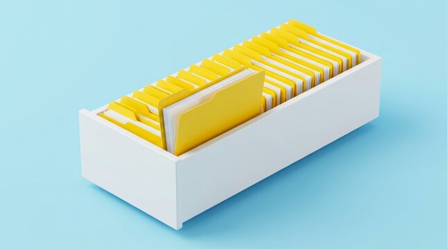 Organized stack of manila folders in a white storage drawer against a solid light background.
