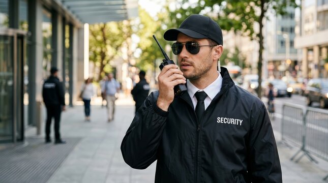 Professional security guard in uniform communicating via handheld radio device.