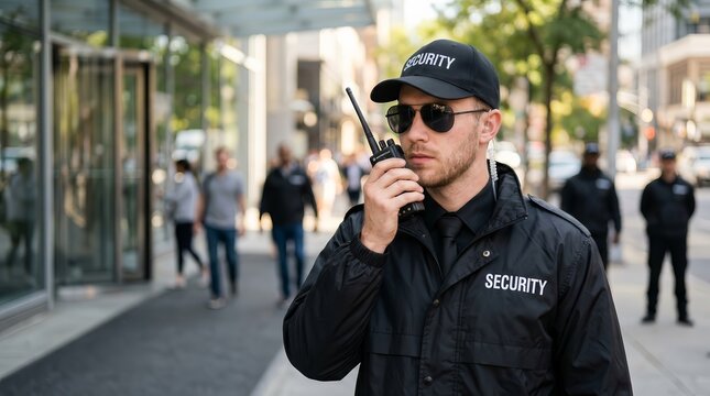 Professional security guard in uniform communicating via handheld radio device.