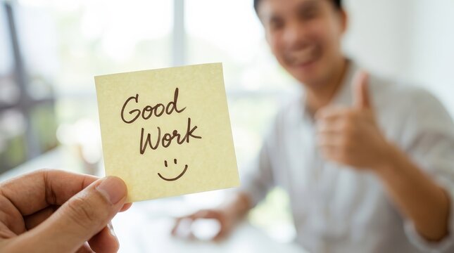 Close up of a hand holding a yellow sticky note with a Good Work message and smiley face.