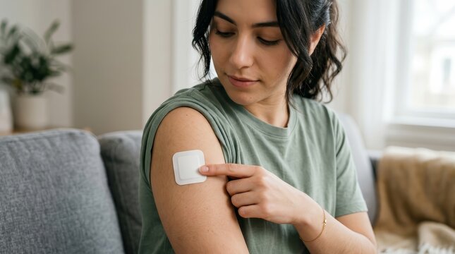 Close up of a female user applying a transdermal patch to her arm for treatment.