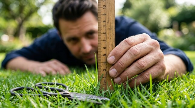 Close up of a person measuring green grass with a wooden ruler and scissors.