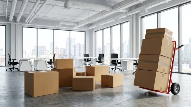 Moving boxes and a hand truck in a modern empty office workspace.