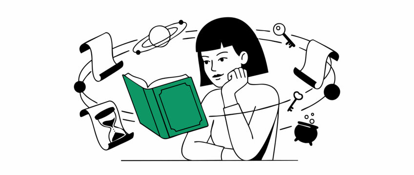 Woman reading fantasy book illustration with floating magic items like planets keys and scrolls symbolizing creative imagination learning knowledge and storytelling vector line art design concept