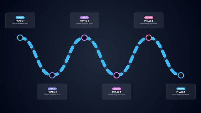 6 Steps Animated Roadmap Infographic Neon Cyan Blue Glow Curved Timeline Milestone Process Dark Mode