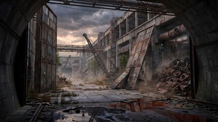 Fototapeta premium Abandoned Industrial Factory Yard with Rusty Scrap Metal and Decay under Gloomy Sky
