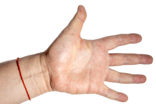 Open human hand palm upward with red string bracelet wrist