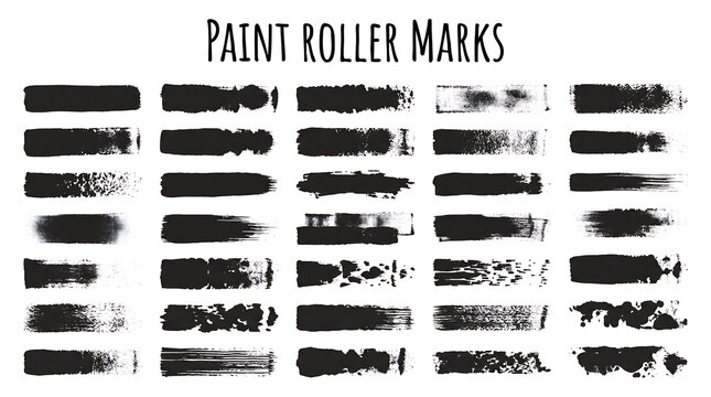 Set of black ink grunge brush strokes and paint roller marks for creative design