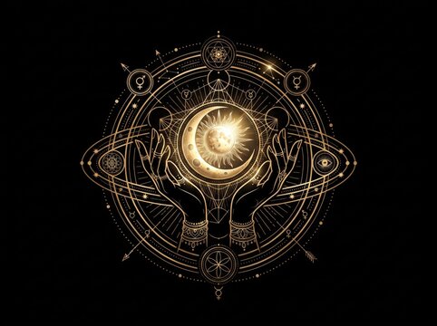 Esoteric golden crescent moon and mystic hands inside circular sacred geometry
