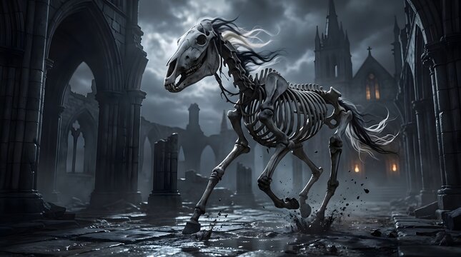 Skeletal Horse Galloping Through Gothic Cathedral Ruins under Dark Stormy Sky