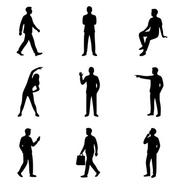 Diverse Group of Isolated Human Silhouettes in Various Poses for Dynamic Vector Art Graphics