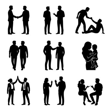 Silhouettes of People in Various Activities, Communication, and Cooperation Vector