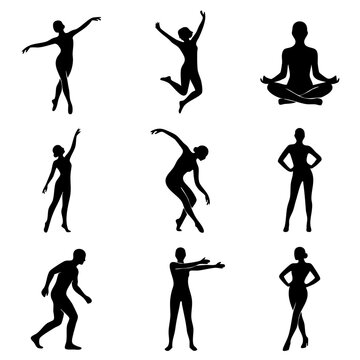 Set of black silhouettes of human figures in various poses and actions isolated