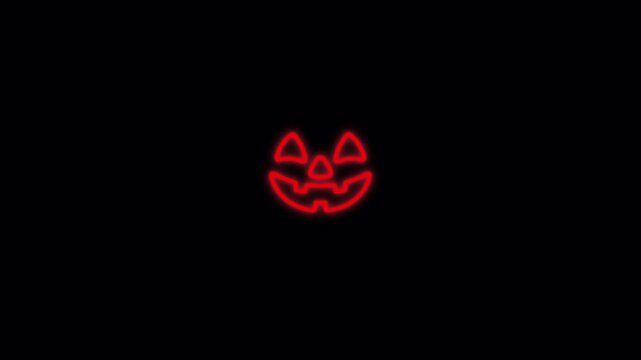 Glowing red neon jack o lantern pumpkin face sign on a  overlay background for halloween holiday celebration