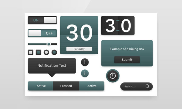 Dark teal flip clock and UI controls kit user interface design template