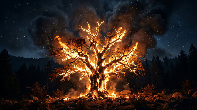 Ancient oak tree ablaze in fiery destruction during a dramatic night forest inferno
