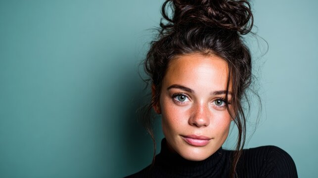 A portrait of a young woman against a simple backdrop, showcasing her radiant beauty and confident expression, highlighting the essence of natural elegance and grace.