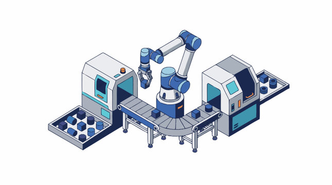 Isometric illustration of robotic arm in factory automation.