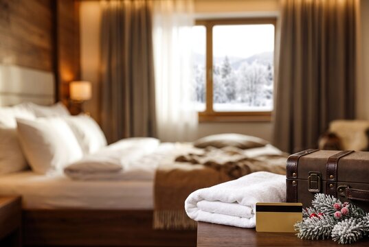 A room with a view of snowy mountains outside. Inside, a warm and inviting bed is set with white pillows and blankets. A small table holds a suitcase and a towel