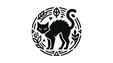 Fototapeta premium Stylized black cat illustration with botanical elements in a circular frame.