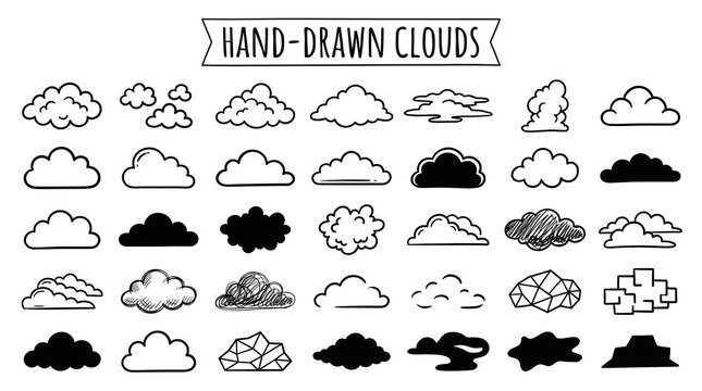 Vector Set of Hand Drawn Doodle Clouds in Black and White Outline and Silhouette Style