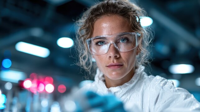 A determined scientist wearing protective eyewear, immersed in her work in a modern laboratory setting, showcasing dedication and precision in scientific research and advancement.