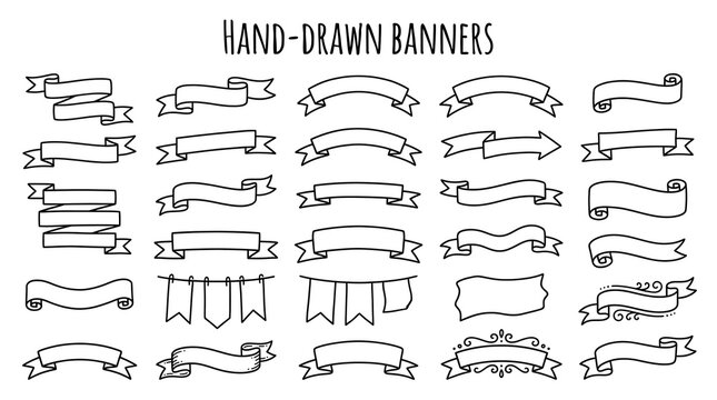Clean hand drawn black and white ribbon banner set, blank scroll vector elements, decorative doodle flags and border outline illustration