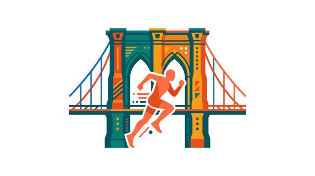 A colorful illustration of a runner sprinting in front of the Brooklyn Bridge.