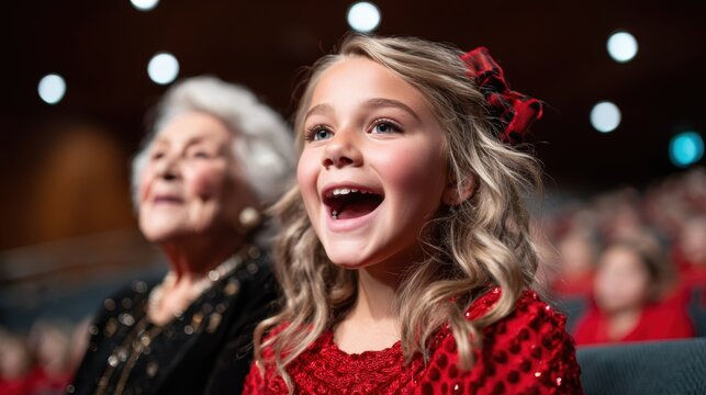 A young girl with a bright smile attends a performance alongside an elderly woman, showcasing the joy of shared experiences and the beauty of intergenerational bonds.