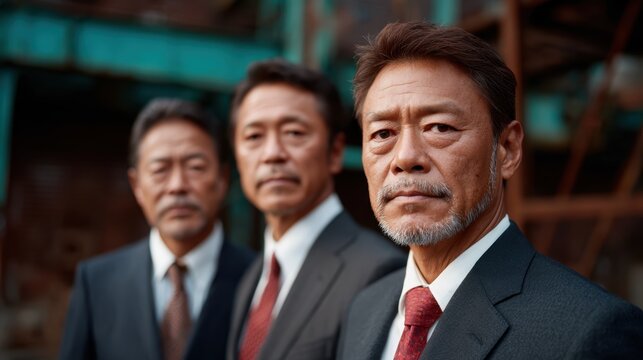 A trio of serious men in elegant business suits standing confidently, exuding professionalism and determination, set against an industrial background.